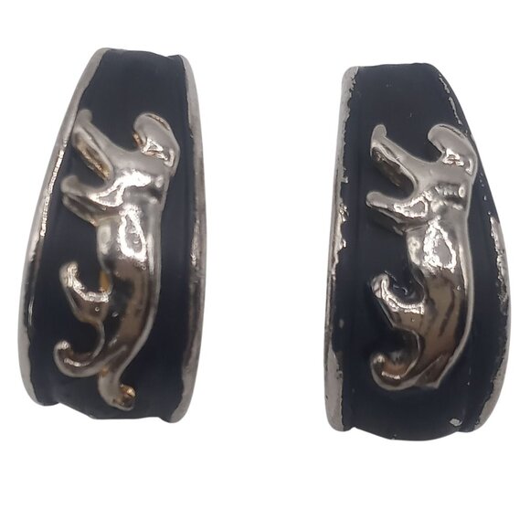 Panther Earrings Black Enamel Silver-Tone Pierced Back Open Half Hoop 1"Earrings - Picture 1 of 11